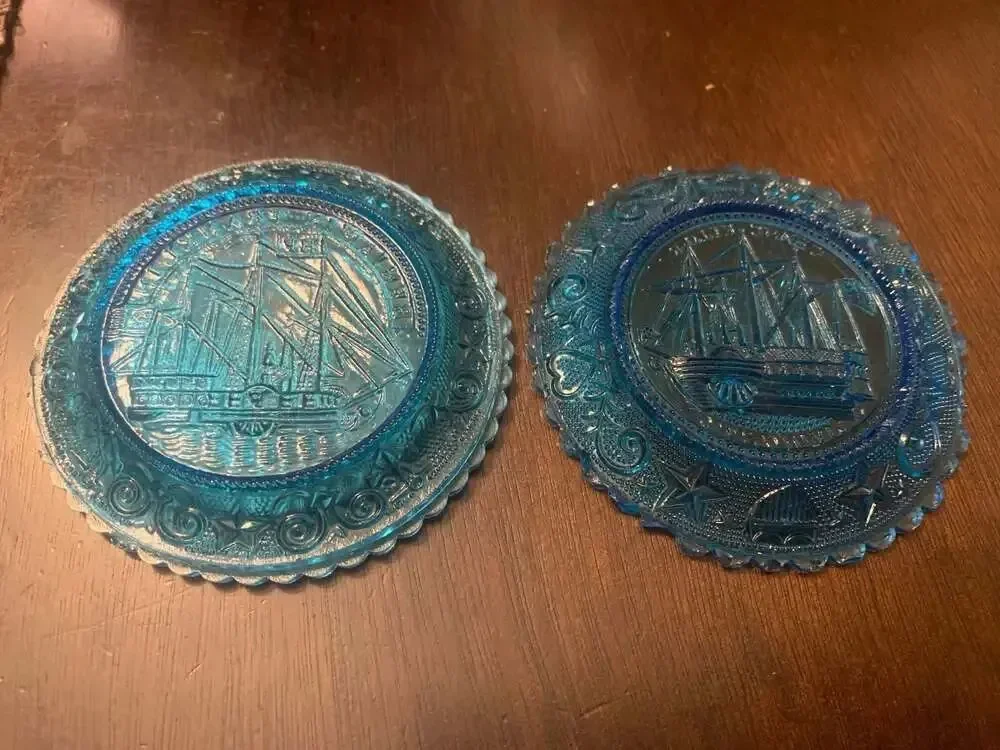 Vintage Pairpoint Glass Nautical Ship Themed Cup Plates, Set of 2